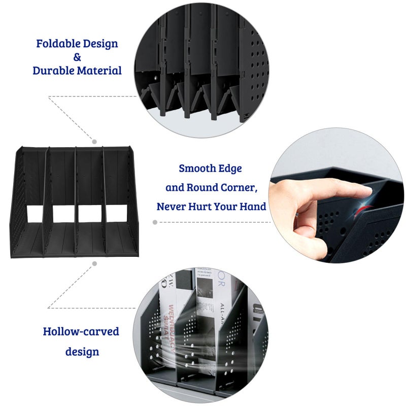 SAYEEC Collapsible Magazine Holder Plastic Desktop 4 Compartment File Rack Magazine Organizer Vertical File Divider Sorter Storage Document Organizer for Office Home School Black - Image 4
